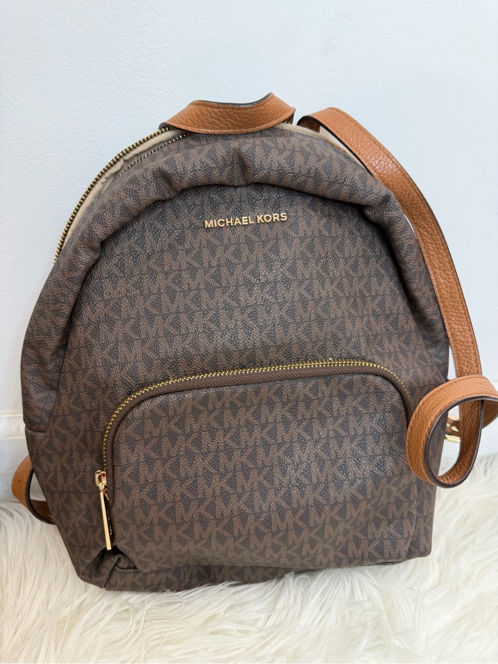 Michael Kors Brown MK Logo Backpack with Tan Straps